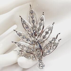 Vintage Clear Rhinestone Leaf Brooch Silver Tone Pin - 2 3/4 Inches Lightweight